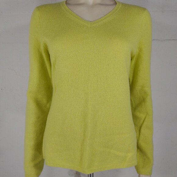 Peck & Peck neon yellow Chartreuse 100% Cashmere V-Neck pullover sweater Medium - Picture 1 of 7